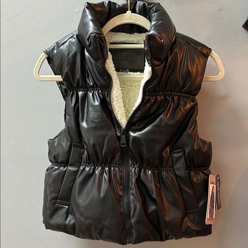 Black Faux Leather Puffer Vest with Sherpa Lining
